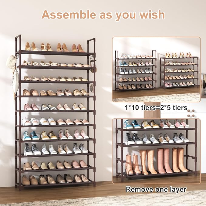 VTRIN 10 Tiers Shoe Rack Tall Large Capacity Wide Shoe Organizer Sturdy Shoe Shelf for Entryway with Two Hooks Metal Shoe Sto