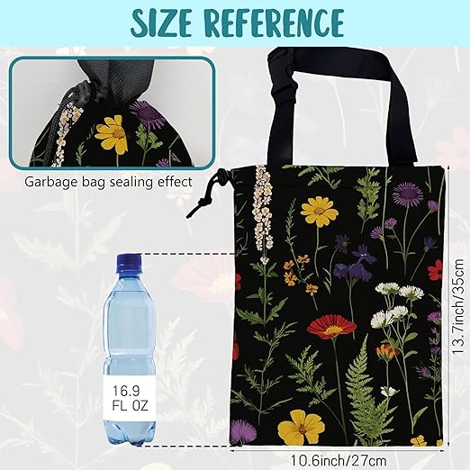 Car Garbage Bag Colorful Flowers and Green Fern Hanging Canvas Car Trash Bag Drawstring Car Back Seat Organizer for Car Back Front Seat Console with Adjustable Buckle