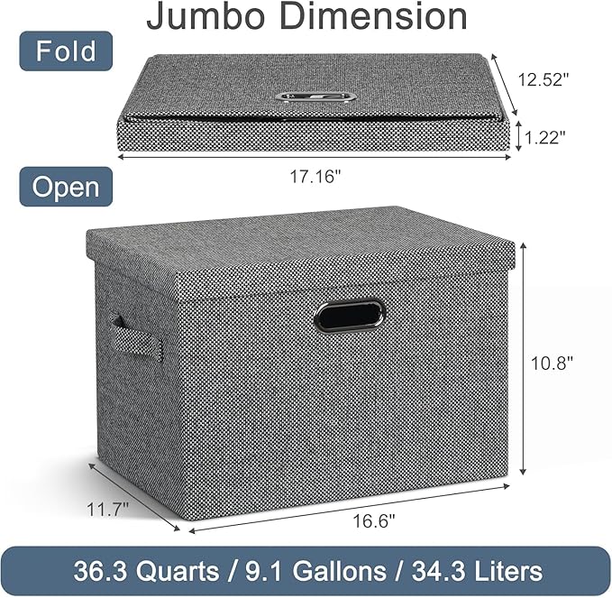 Graciadeco Large 17" 36 Quart Collapsible Stackable Storage Bins with Lids, 3 Packs Black and White Mix Linen Fabric Closet B