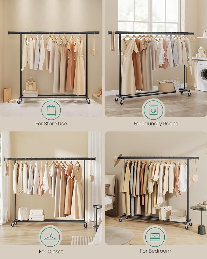 SONGMICS Clothes Rack with Wheels, Heavy-Duty Clothing Rack for Hanging Clothes, Portable, 17.7 x (63-78.7) x 63.6 Inches, wi