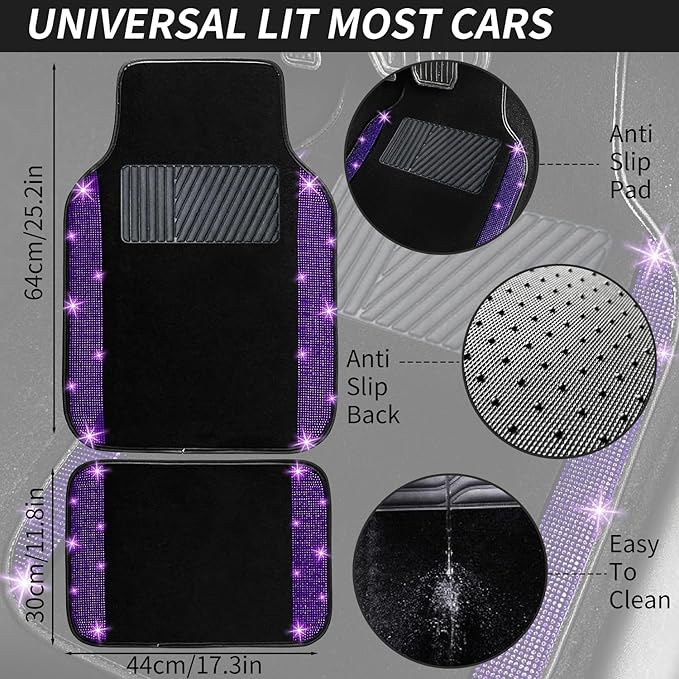 NBTEPEM Purple Violet Bling Car Floor Mats Full Set, Universal Fit Most Cars,SUV, Trucks, 4 pcs Sparkle Glitter Diamond Carpet for Women Girls with Anti-Slip Pad (Purple Violet Diamond)