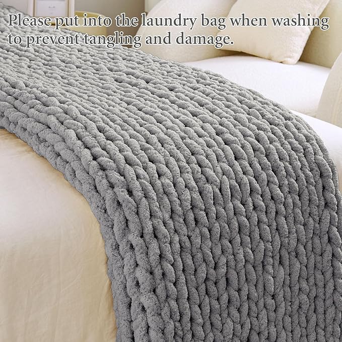 Admitrack Chunky Knit Blanket Throw, 100% Hand Knit Chenille Throw Blanket for Sofa & Home Decor, Soft and Cozy Knitted Throw