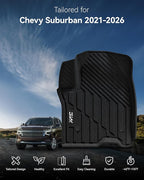 3W Floor Mats & Cargo Liner for 2021-2026 Chevy Suburban (Only 7 Seats (Not Fit 8/9 Seats) / Yukon XL (Not Fit Yukon) /Escalade ESV 7 Seat, TPE All Weather Custom Fit Full Set Car Liner,Bucket Seat