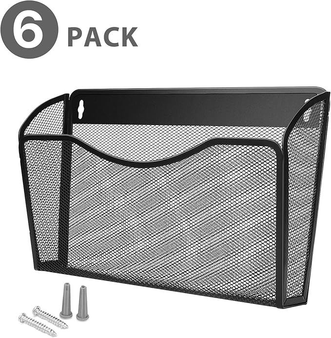 Flexzion Wall Folder File Letter Pocket Holder (6 Pack) Metal Mesh Desk Hanging Basket Box Bin Mail A4 Size Paper Document Or