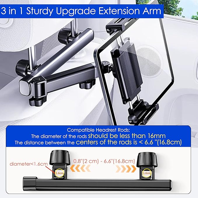 2026 Tablet Holder for Car Headrest 2 Pack [3 in 1 Sturdy Upgrade Extension Arm] 360° Rotating Adjustable for iPad/Phone Headrest Mount, for Most Tablets/Phones, Fit Larger Tablet - Black