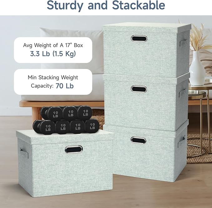 Graciadeco Large 17" 36 Quart Collapsible Stackable Storage Bins with Lids, 3 Packs Light Green Linen Fabric Closet Boxes wit