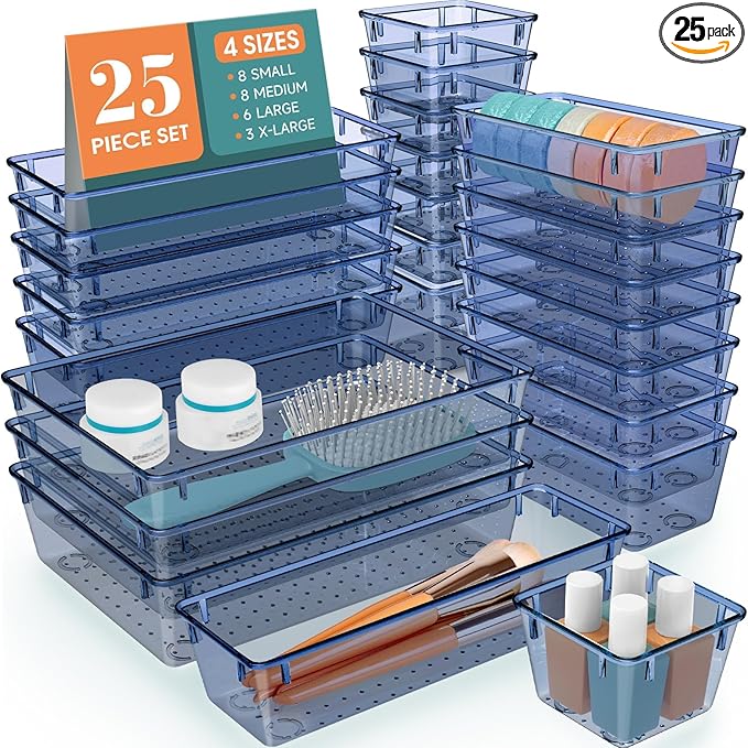 StorMiracle 25 PCS Drawer Organizer Set, 5 Varied Size Bathroom and kitchen Drawer cabinet organizer Trays, Clear Storage Bin