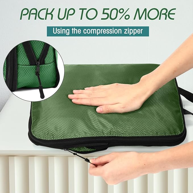 5 Pack Compression Packing Cubes for Travel Space Saving Cubes Luggage Organizer for Suitcase(Green,L)