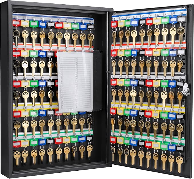 Barska 100-Position Key Lock Box – Solid Steel Key Cabinet with Adjustable Numbered Hooks, Key Log Sheet, Color Tags & Index 