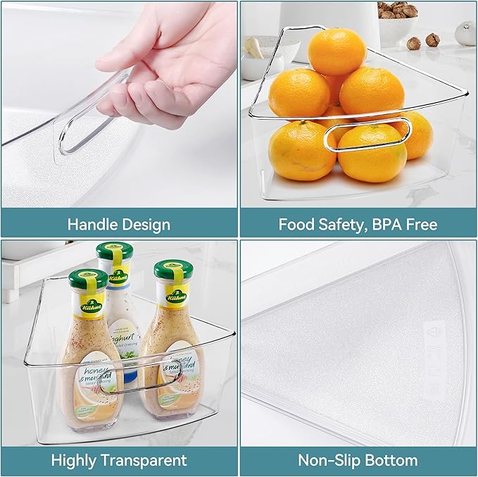 Oubonun Lazy Susan Organizers Set of 8, 10.2”x 9.4”x 4” Plastic Transparent Kitchen Cabinet Storage Bins with Handle, 4" Deep