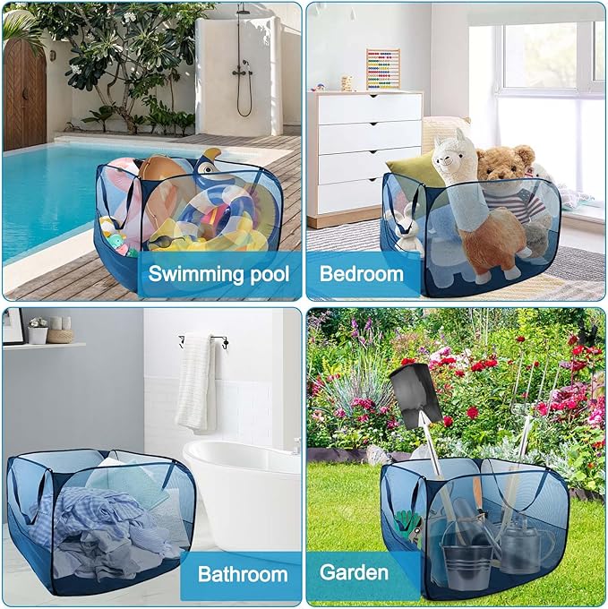 Large Pop up Pool Toy Storage Bin,47"X47"X30"Pool Float Organizer Bag with 2 Side Pockets Mesh Swimming Pool Toys Organizer w