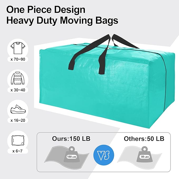 6 Pack Heavy Duty Extra Large Moving Bags W/Backpack Straps - Strong Handles & Zippers, Storage Totes For Space Saving, Fold 