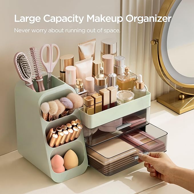 HBlife Makeup Organizer with Brush Holder for Vanity, Large Plastic Bathroom Countertop Organizer Skin Care Storage, Easy to 
