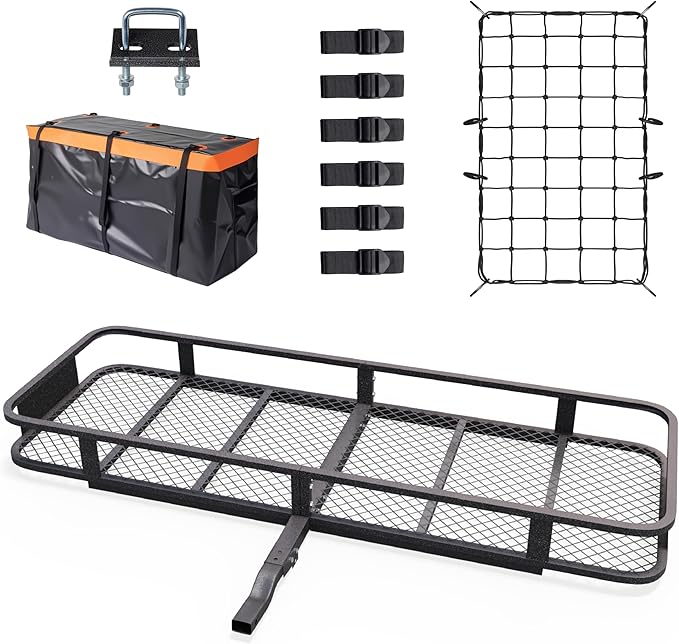 TUFFIOM Folding 500lbs Steel Hitch Mount Basket Cargo Carrier, 60"x20"x6" Trailer Hitch Cargo Carrier Luggage Rack w/Net, Waterproof Cargo Bag, 4 Straps & Stabilizer for SUV Car Truck Van