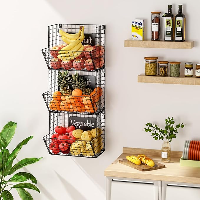 X-cosrack Metal Wire Basket Wall Mount, 3 Tier Wall Storage Basket Organizer with Hanging Hooks Chalkboards, Rustic Kitchen F