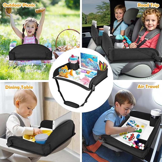 2Pcs Kids Travel Tray for Toddler Carseat, Road Trip Activities Essentials for Toddler, Kids Lap Desk Tray with Tablet Holder Stand ＆ Dry Erase Board (Black-2Pcs)