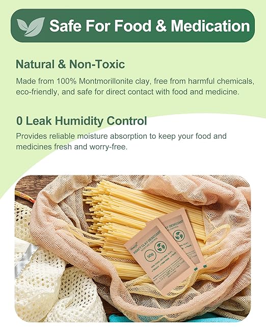 6 Gram (100 Pack) Kraft Clay Desiccants Packs, Premium Food Grade Desiccant - Rechargeable Moisture Absorbers for Food
