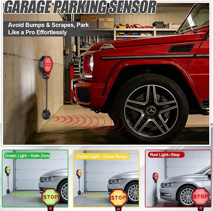 Lawnldyll Garage Parking Sensor Aid, Garage Stopper for Parking Car, Adjustable Car Stop Assistant with Red/Yellow/Green LED 