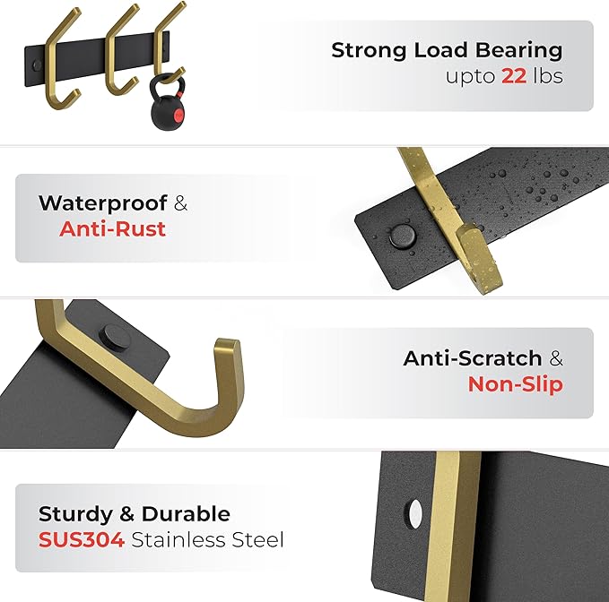 Small Coat Rack Wall Mount – Black and Gold Hook Rail with 3 Double Coat Hooks, 9 Inch Stainless Steel Wall Hooks for Entrywa