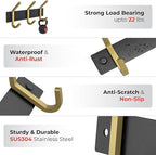 Small Coat Rack Wall Mount – Black and Gold Hook Rail with 3 Double Coat Hooks, 9 Inch Stainless Steel Wall Hooks for Entrywa
