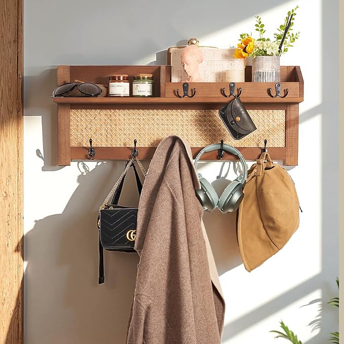 Coat Rack Wall Mount with Hooks & Shelf - Wooden Entryway Organizer for Hanging Coats, Keys, Hangers - Space Saving Durable W