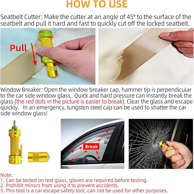 2-in-1 Window Breaker Seatbelt Cutter, Car Window Breaker Tool, Metal Glass Breaker - Extended Tungsten Steel Hammer Tip, Can