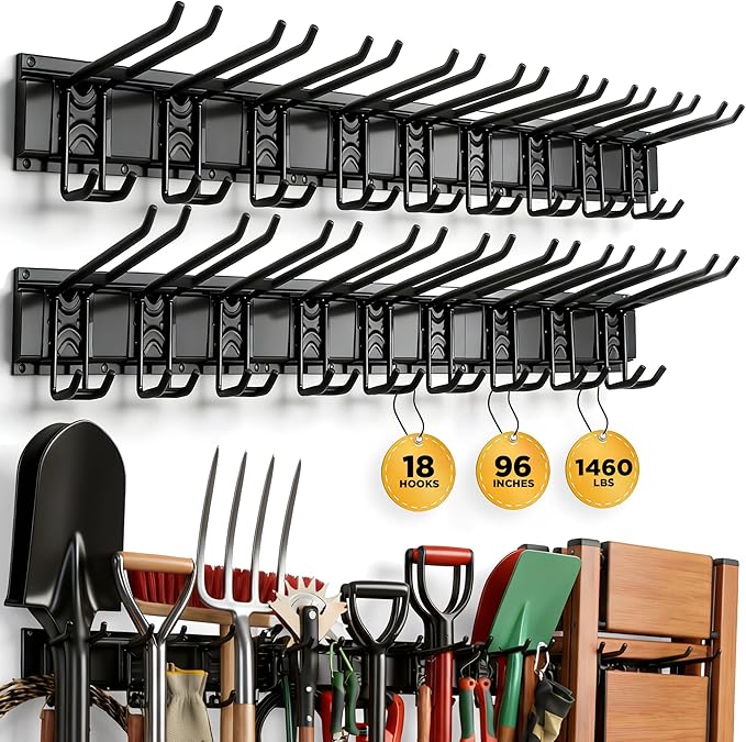 ELEAD 18-Pairs Heavy Duty Garage Tool Organizer Wall Mount Hooks, 96 Inches 1460 lbs Garden Tool Organizer with Adjustable Ho