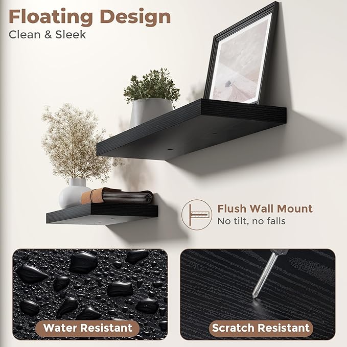 8 Inch Square Floating Shelves for Wall 3 Pack, 8"D Wood Grain Bathroom Shelves with Invisible Brackets, Easy Install Enginee