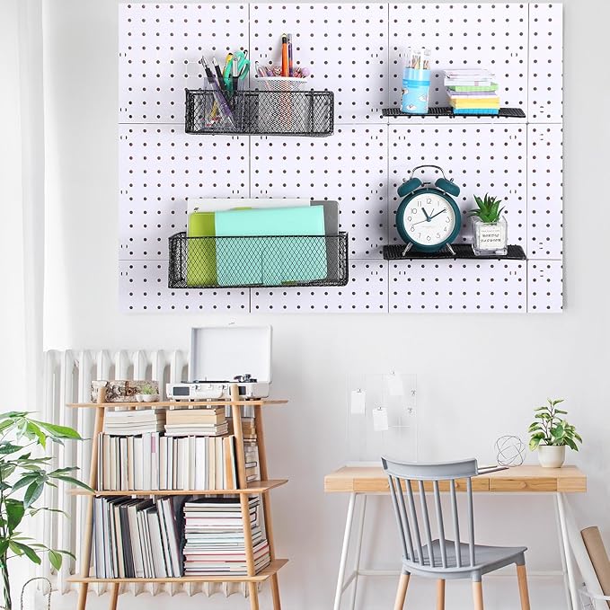 Hicarer 8 Pack Pegboard Baskets and Peg Board Racks Set, Pegboard Hooks, Square Style Wire Shelf Baskets, for Organize Tools,