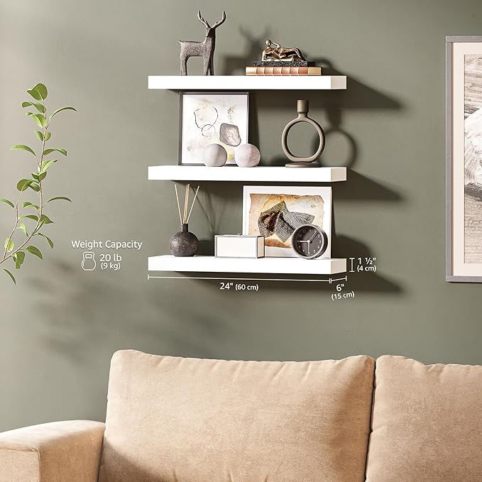 Ballucci Floating Shelves for Wall, 24" Wood Wall Shelf Set of 3, Invisible Brackets Floating Shelf, Decor Living Room, Bathr