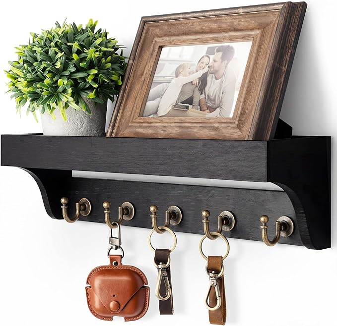Rebee Vision Key Holder for Wall with Shelf : Decorative Key Organizer with 5 Rustic Keys Hooks and Primitive Wood Mail Organ