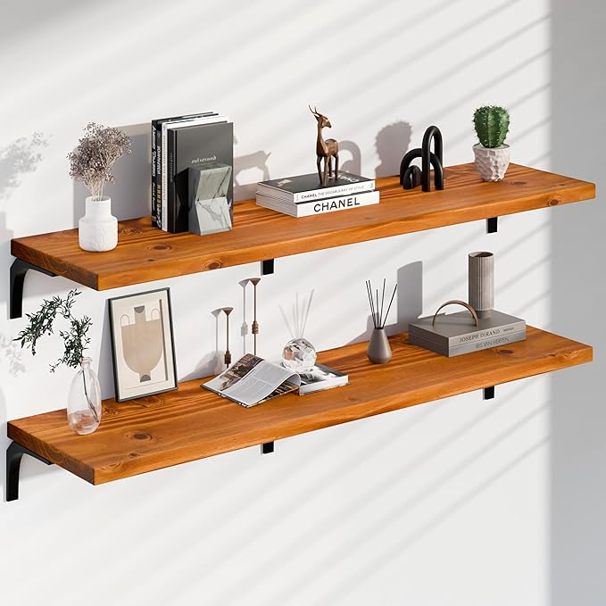 12 Inch Deep Floating Shelves Set of 2, 60 Inch Extra Wide Solid Wood Wall Shelves, Heavy Duty Wall Mount Bookshelf with 100 