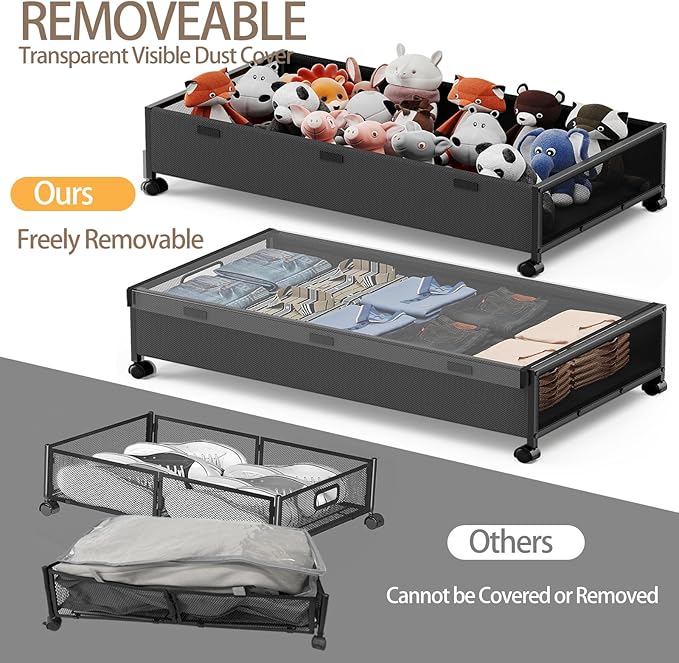 Under Bed Storage Containers with Wheels, 80L Extra-large Underbed Shoe Storage Organizer 2 Pack with Removable Lids, Large R