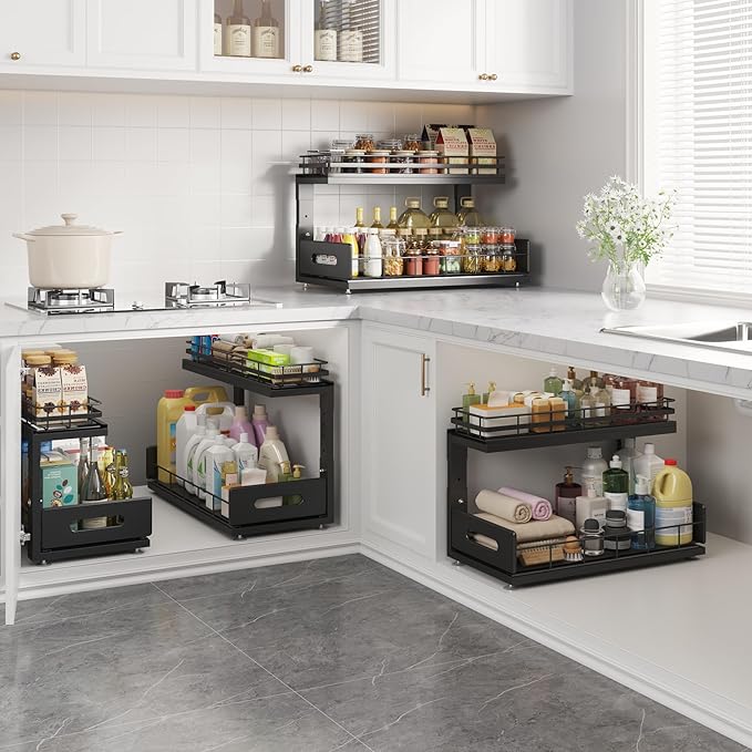 Under Sink Organizer Upgrade To Professional Rails,2-Tier Dual Pull Out Cabinet Storage,Height Adjustable Slide Out Drawers F