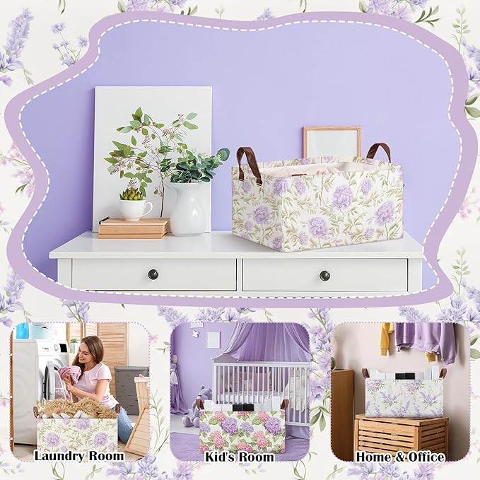 Boao 3 Pcs Purple Floral Storage Bin Wildflowers Collapsible Large Storage Baskets for Gifts Canvas Laundry Basket Foldable B