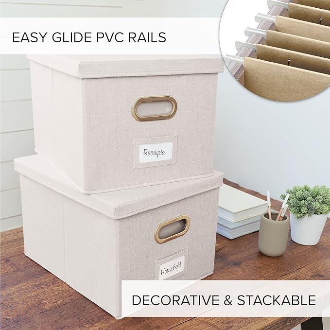 ZICOTO Decorative File Organizer Box Set of 2 - Collapsible Linen Filing Cabinets w/Handles Are Perfect to Store all Your Doc