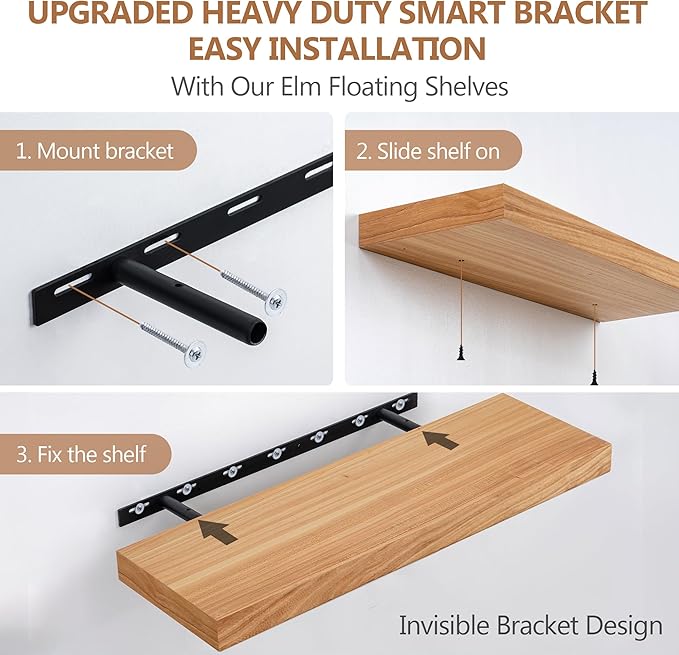 8 Inch Deep Floating Shelves, USA-Sourced Rustic Elm Wood Wall Shelves for Storage, Wall Mounted Display Shelving with Invisi
