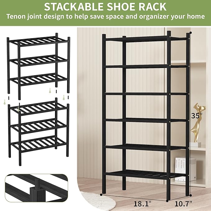 ROMGUAR CRAFT 6-Tier Bamboo Small Shoe Rack, Free Standing Wood Shoe Shelf Storage Organizer for Closet Entryway Stackable (B