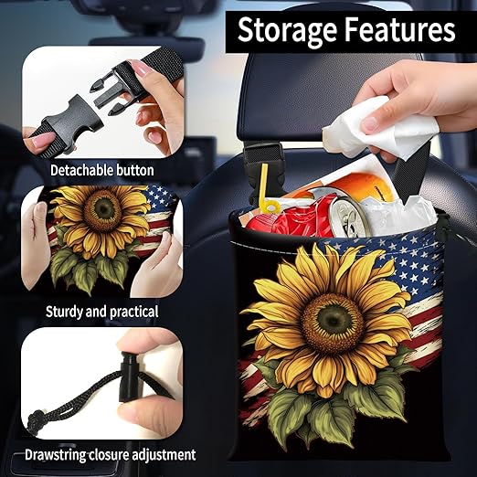Car Trash Bag Large Hanging Can for Back of Seat, Cute Waterproof Car Garbage Bag for Vehicle, Travelling, Outdoor Cute Sunflower American Flag