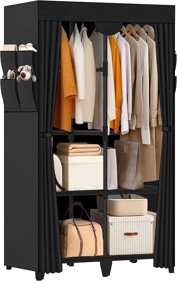 Wardrobe Closet, Quick and Easy Assembly, Black Portable Closet with 2 Hanging Rods 4 Storage Shelves and 8 Side Pockets, Stu