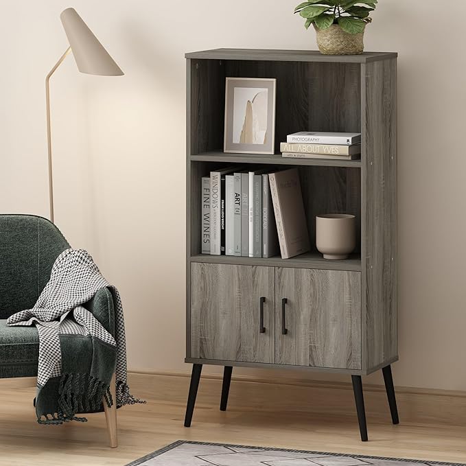 Furinno MIDCENTURY Storage Shelves, Storage Cabinet with Doors and Shelves, Bookshelf with Legs, for Living Room, Home Office