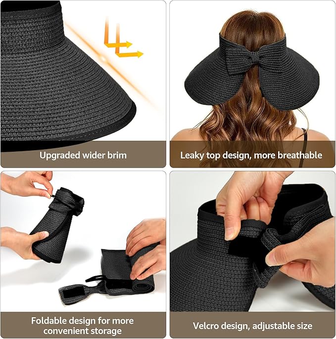 Sun Visor Hat for Women, Wide Brim Straw Summer UV Protection Hat, Foldable Roll-up Packable Beach Cap