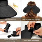 Sun Visor Hat for Women, Wide Brim Straw Summer UV Protection Hat, Foldable Roll-up Packable Beach Cap
