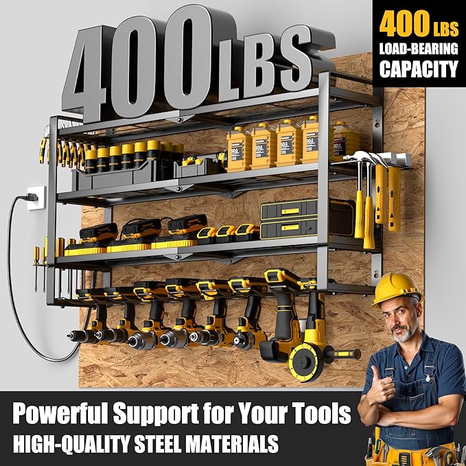MOOMSINE Large Power Tool Organizer Wall Mount with Charging Station, 400lbs Metal Storage Rack with 8 Cordless Drill Holder,