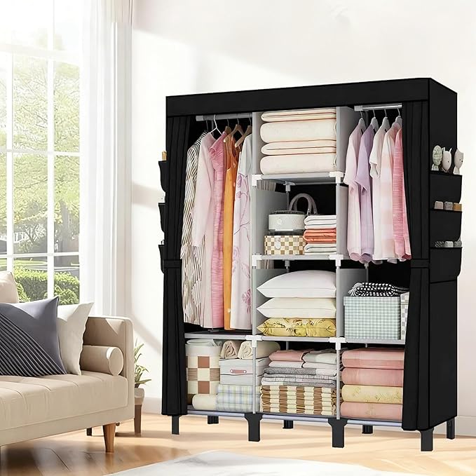 Portable Wardrobe, Clothes Organizer, Easy Hanger Wardrobe, Multiple Dividers and 3 Drawers, 6 Side Pockets Large Capacity (B