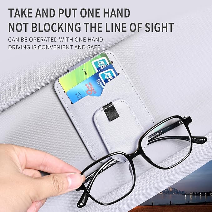 Leather Car Sun Visor Organizer with Sunglass Holder, Multifunctional Eyeglasses Ticket Credit Card Clip and Bills Storage Pocket, Universal Auto Interior Accessories(Grey), 580grey