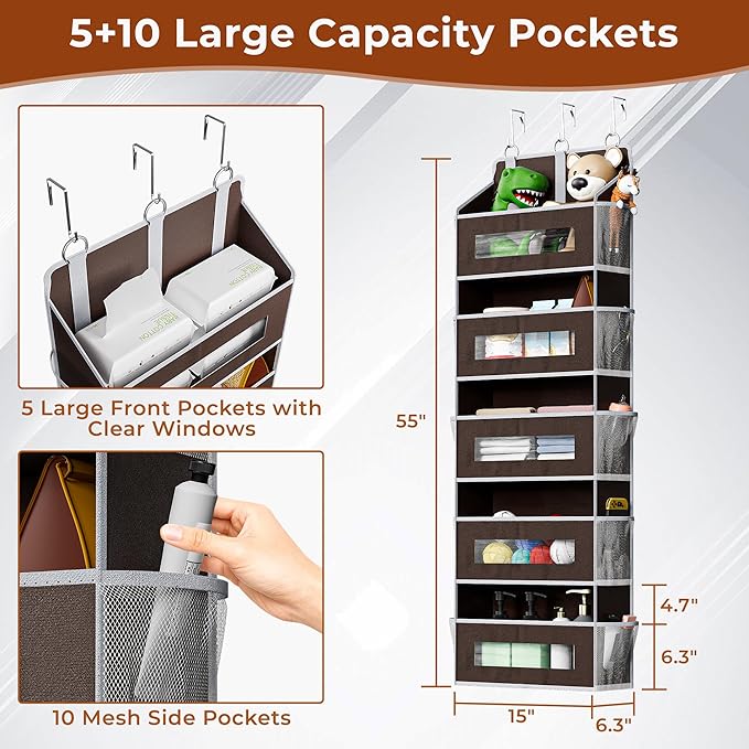 5 Tier Over The Door Organizer - Large Capacity Behind Door Hanging Shelves with 10 Mesh Pockets and Clear Windows, Closet Or