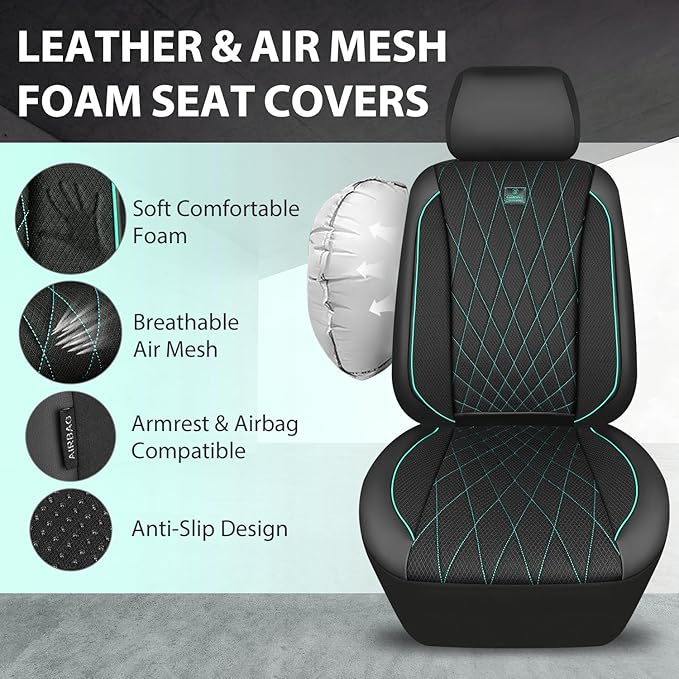CAR PASS Thick Foam 3D Air Mesh Leather Car Seat Covers Front Seats Only, Breathable Premuim Leather Two Front Seat Cover, Ai