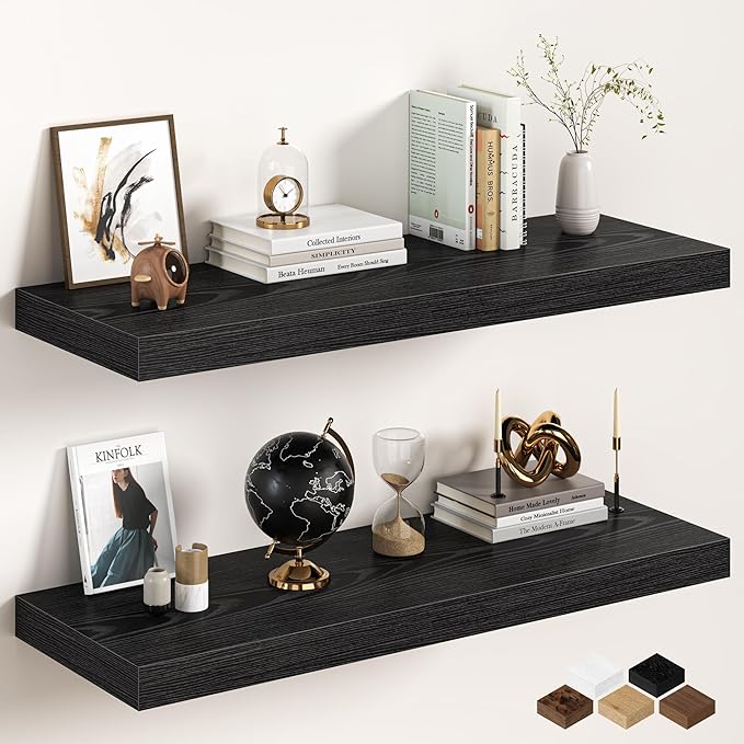 40Inch Black Floating Shelves for Wall, 12 Inch Deep Shelves for Bedroom, Kitchen, Bathroom Wall Mounted, Rustic Wood Floatin