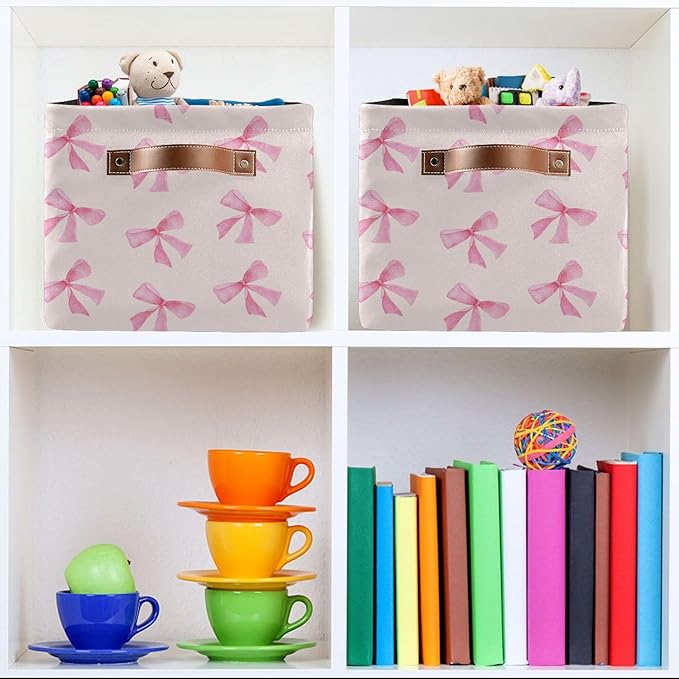 xigua Bow Storage Basket Collapsible Toy Storage Bins Waterproof Canvas Storage Basket with Leather Handles for Home Closets 